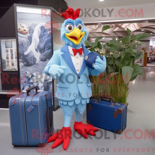 Costume De Mascotte Redbrokoly De Coqs Bleu Ciel Habillé D Un Costume Et De Sacs À Main