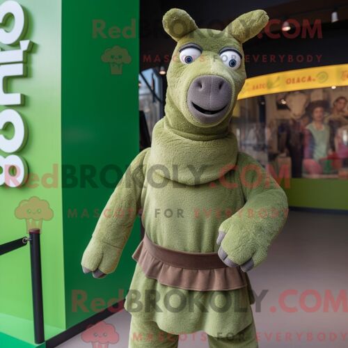 Costume Mascotte Redbrokoly De Lama Olive Personnage Habillé Avec Un Col Roulé Et Des Lacets De Chaussures