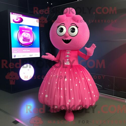 Costume De Mascotte Redbrokoly De Framboise Rose Habillé D Une Robe De Bal Et De Montres Numériques