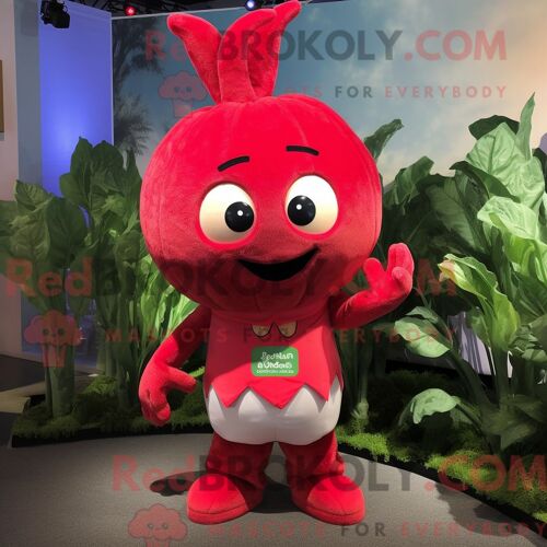 Costume Mascotte Redbrokoly De Navet Rouge Personnage Habillé D Un Bermuda Et De Pinces À Cheveux
