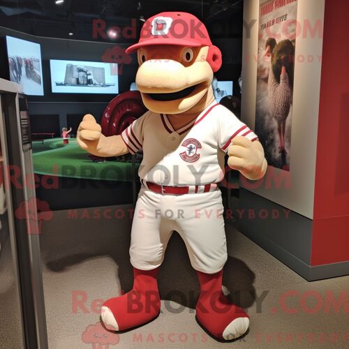 Costume Mascotte Redbrokoly De Diplodocus Rouge Personnage Habillé Avec Un T-Shirt De Baseball Et Des Ceintures