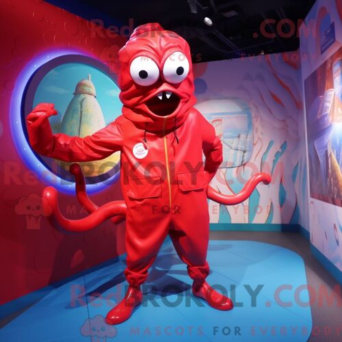 Costume Mascotte Redbrokoly De Kraken Rouge Habillé D Un Coupe-Vent Et De Montres