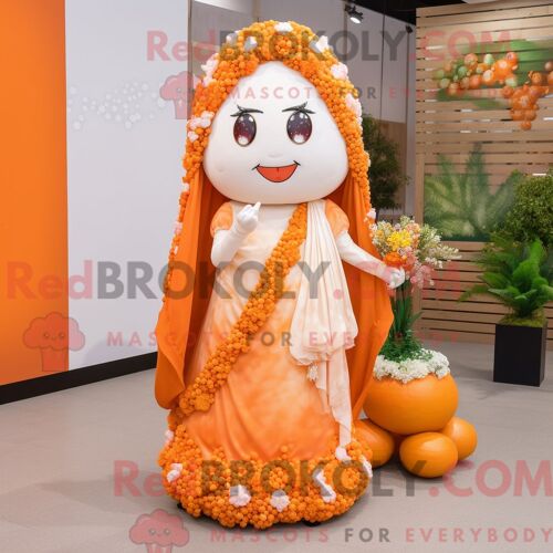 Costume Mascotte Redbrokoly De Dim Sum Orange Personnage Habillé Avec Une Robe De Mariée Et Des Colliers