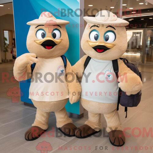Costume De Mascotte Redbrokoly De Paire De Patins À Glace Beige Habillé D Une Chemise En Popeline Et De Sacs À Main