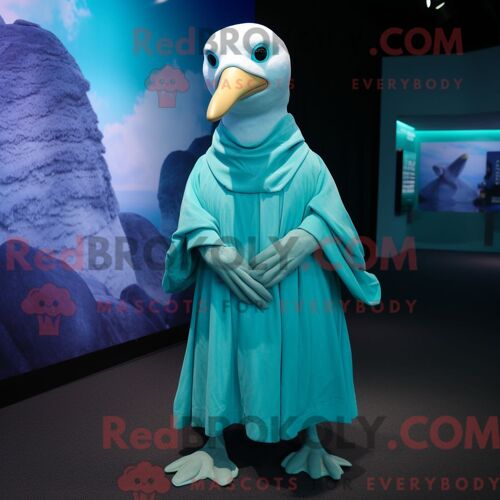 Costume De Mascotte Redbrokoly D Albatros Turquoise Personnage Habillé D Une Robe Trapèze Et De Mitaines