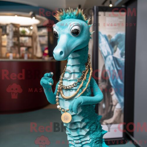 Costume De Mascotte Redbrokoly D Hippocampe Bleu Sarcelle Habillé D Un Polo Et De Colliers