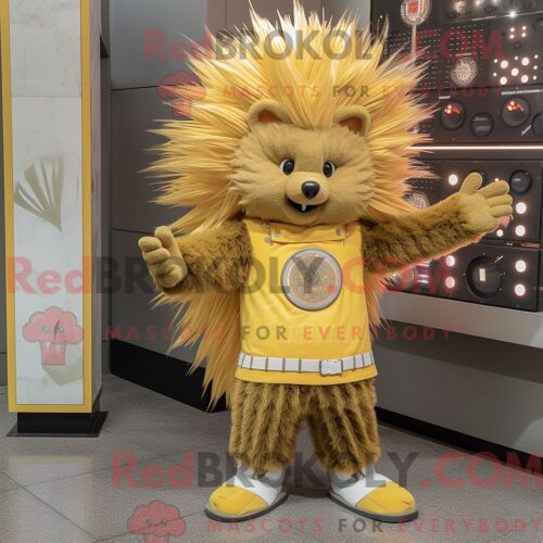 Costume De Mascotte Redbrokoly De Porc-Épic Doré Habillé D Un Jean Bootcut Et De Pinces À Chaussures