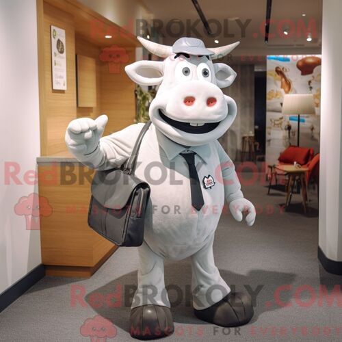 Costume De Mascotte Redbrokoly De Vache Holstein Grise Habillé D Une Veste De Costume Et De Sacs Messager
