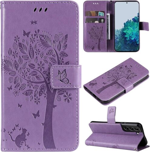 KAL-Coque Compatible Avec Samsung Galaxy S22+ / S22 Plus - Cuir Flip Étui/Portefeuille Case Cover Housse Tpu Silicone - Arbre Et Chat - Violet