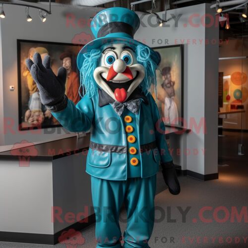 Costume De Mascotte Redbrokoly De Clown Bleu Sarcelle Habillé D Une Veste En Cuir Et D Épingles À Chapeau