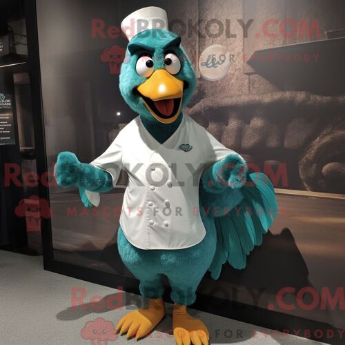 Personnage De Costume De Mascotte Redbrokoly De Poulet Au Beurre Sarcelle Habillé Avec Un T-Shirt À Col En V Et Des Boutons De Manchette