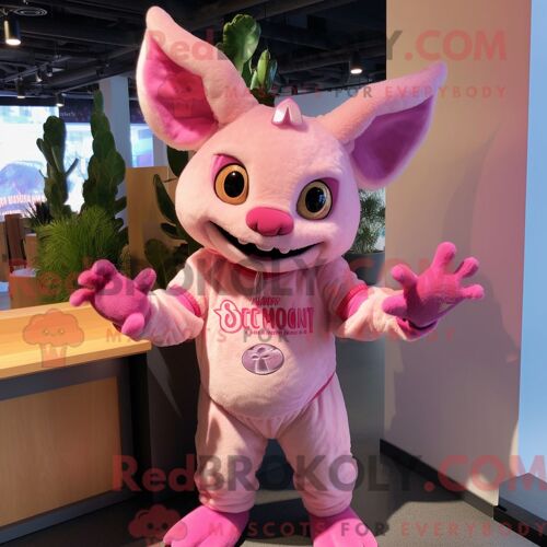 Costume Mascotte Redbrokoly Chupacabra Rose Personnage Habillé Avec Un T-Shirt À Manches Longues Et Des Mitaines