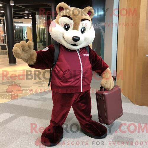 Costume De Mascotte Redbrokoly De Maroon Marten Habillé Avec Un Sweat-Shirt Et Des Porte-Documents