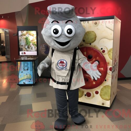 Costume De Mascotte Redbrokoly De Pizza Argentée Personnage Habillé D Un Manteau Et De Sacs À Dos