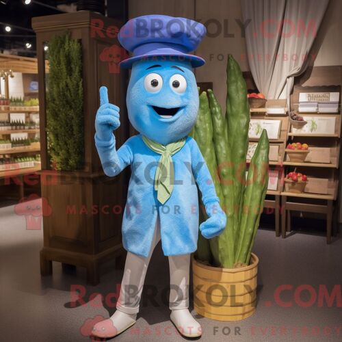 Costume De Mascotte Redbrokoly D Asperges Bleues Personnage Habillé D Une Chemise Henley Et D Épingles À Chapeau