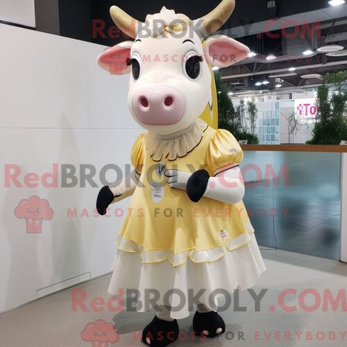 Costume De Mascotte Redbrokoly De Vache En Jersey Crème Personnage Habillé Avec Une Mini-Jupe Et Des Ceintures De Smoking