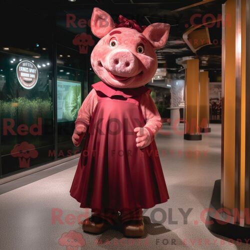 Personnage De Costume De Mascotte Redbrokoly De Cochon Marron Habillé Avec Une Robe Trapèze Et Des Bracelets De Cheville