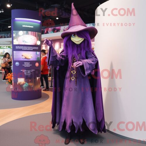 Costume Mascotte Redbrokoly De Sorcière Violette Habillé D Un Manteau Et De Boucles D Oreilles