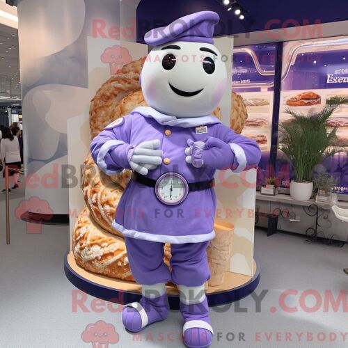 Costume Mascotte Redbrokoly De Croissant À La Lavande Personnage Habillé D Une Combinaison Et De Montres Bracelet