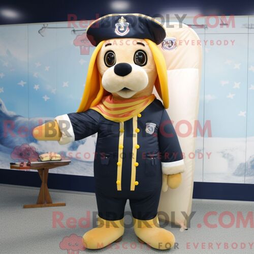 Costume Mascotte Redbrokoly De Hot Dog Bleu Marine Habillé D Une Parka Et De Pochettes