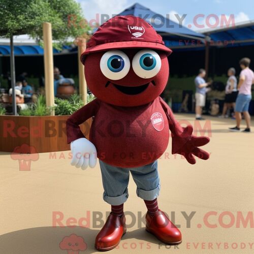 Costume De Mascotte Redbrokoly De Boule De Pétanque Marron Personnage Habillé Avec Un Short En Jean Et Des Épingles À Cheveux