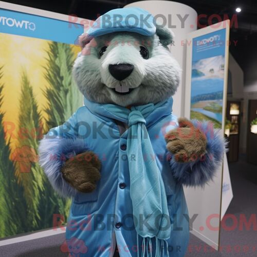 Costume Mascotte Redbrokoly De Marmotte Bleu Ciel Habillé D Une Veste Et De Châles
