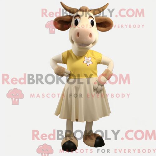 Costume De Mascotte Redbrokoly De Vache En Jersey Crème Personnage Habillé Avec Une Mini-Jupe Et Des Ceintures De Smoking
