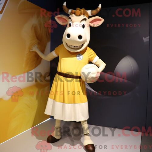 Costume De Mascotte Redbrokoly De Vache En Jersey Crème Personnage Habillé Avec Une Mini-Jupe Et Des Ceintures De Smoking