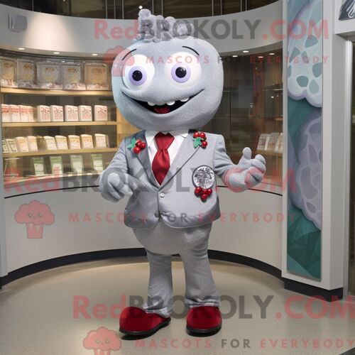 Costume Mascotte Redbrokoly De Framboise Argentée Personnage Habillé D Un Blazer Et D Une Écharpe