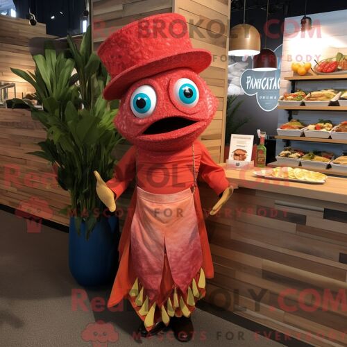 Personnage De Costume De Mascotte Redbrokoly De Tacos De Poisson Rouge Habillé Avec Une Robe De Soirée Et Des Chapeaux