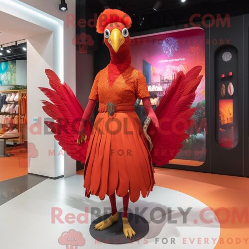 Costume Mascotte Redbrokoly De Paon Rouge Habillé D Une Mini Robe Et De Ceintures