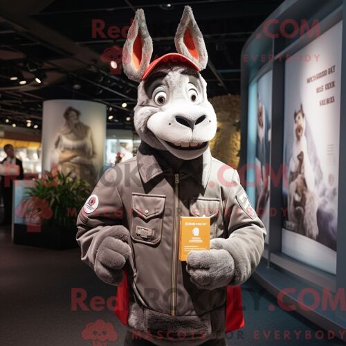 Costume Mascotte Redbrokoly D Âne Habillé D Un Blouson Aviateur Et De Portefeuilles