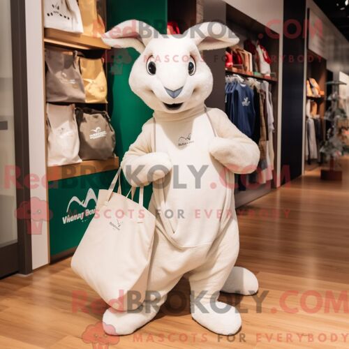 Mascotte Redbrokoly De Kangourou Blanc Costume De Personnage Habillé D Un Sweat Et De Cabas