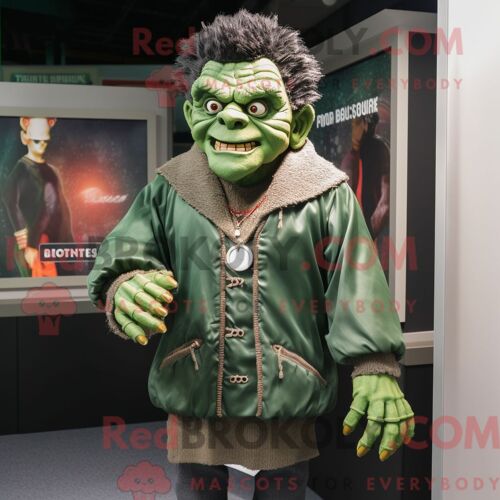 Costume Mascotte Redbrokoly De Frankenstein Vert Forêt Personnage Habillé Avec Un Coupe-Vent Et Des Colliers