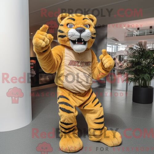 Costume Mascotte Redbrokoly De Tigre À Dents De Sabre Jaune Personnage Habillé Avec Un Jean Et Des Mitaines