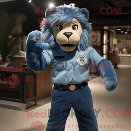 Costume De Mascotte Redbrokoly De Lion Tamer Bleu Habillé D Une Chemise En Jean Et De Ceintures