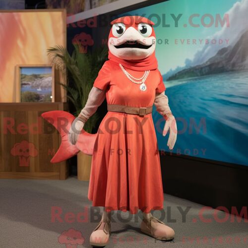 Personnage De Costume De Mascotte Redbrokoly De Saumon Rouille Habillé Avec Une Robe Droite Et Des Bracelets
