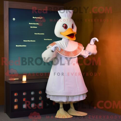 Costume De Mascotte Redbrokoly De Canard De Barbarie Crème Personnage Habillé D Une Robe De Cocktail Et De Montres Numériques