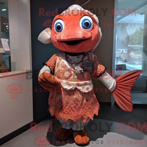 Personnage De Costume De Mascotte Redbrokoly De Saumon Rouille Habillé Avec Une Robe Droite Et Des Bracelets