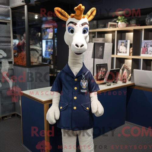 Costume Mascotte Redbrokoly De Girafe Marine Personnage Habillé Avec Un T-Shirt À Col En V Et Des Broches