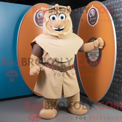 Costume De Mascotte Redbrokoly De Bouclier Celtique Beige Habillé D Une Barboteuse Et De Ceintures