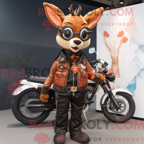 Costume Mascotte Redbrokoly De Cerf Habillé D Une Veste De Motard Et De Porte-Documents