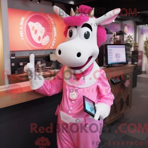 Costume Mascotte Redbrokoly De Vache Rose Habillé D Un Chemisier Et De Montres Numériques