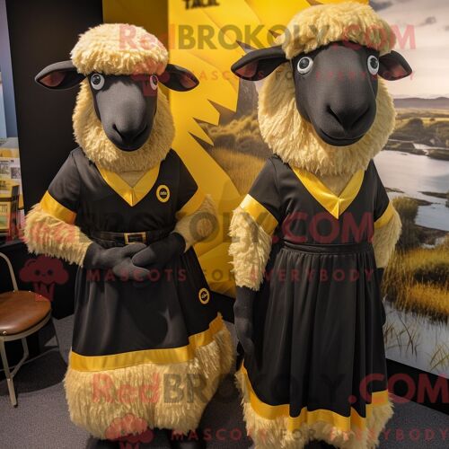 Costume De Mascotte Redbrokoly De Mouton Suffolk Doré Personnage Habillé Avec Une Robe Midi Et Des Boutons De Manchette