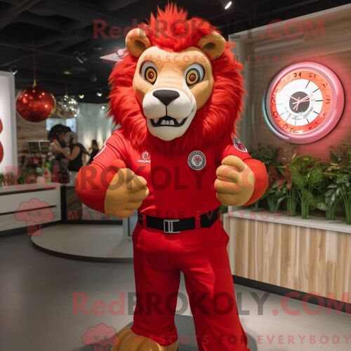 Costume De Mascotte Redbrokoly De Lion Tamer Rouge Habillé D Un Rash Guard Et De Montres-Bracelets