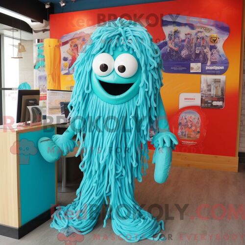 Personnage De Costume De Mascotte Redbrokoly De Spaghetti Turquoise Habillé Avec Une Barboteuse Et Des Clips Pour Écharpe