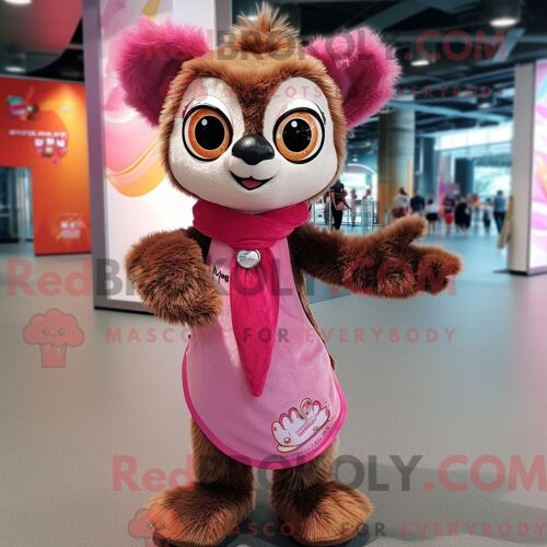 Costume De Mascotte Redbrokoly De Lémurien Rose Personnage Habillé Avec Une Mini-Robe Et Des Foulards