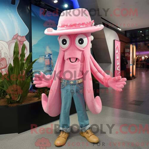 Costume De Mascotte Redbrokoly De Calmar Rose Habillé Avec Un Jean Boyfriend Et Des Noeuds Papillons
