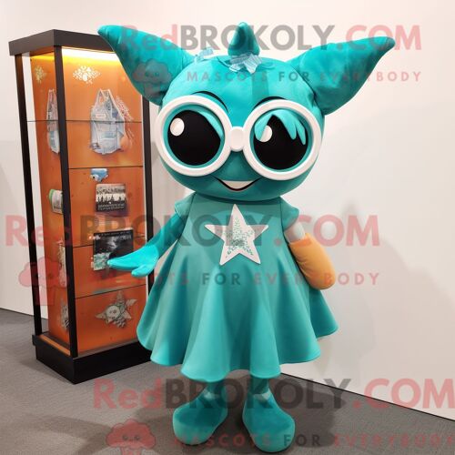 Costume De Mascotte Redbrokoly D Étoile De Mer Bleu Sarcelle Habillé D Une Jupe Portefeuille Et De Lunettes