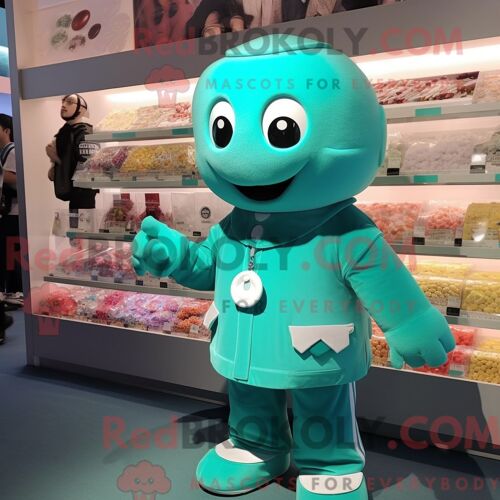 Costume De Mascotte Redbrokoly De Boîte À Bonbons Bleu Sarcelle Habillé Avec Un T-Shirt À Manches Longues Et Des Colliers